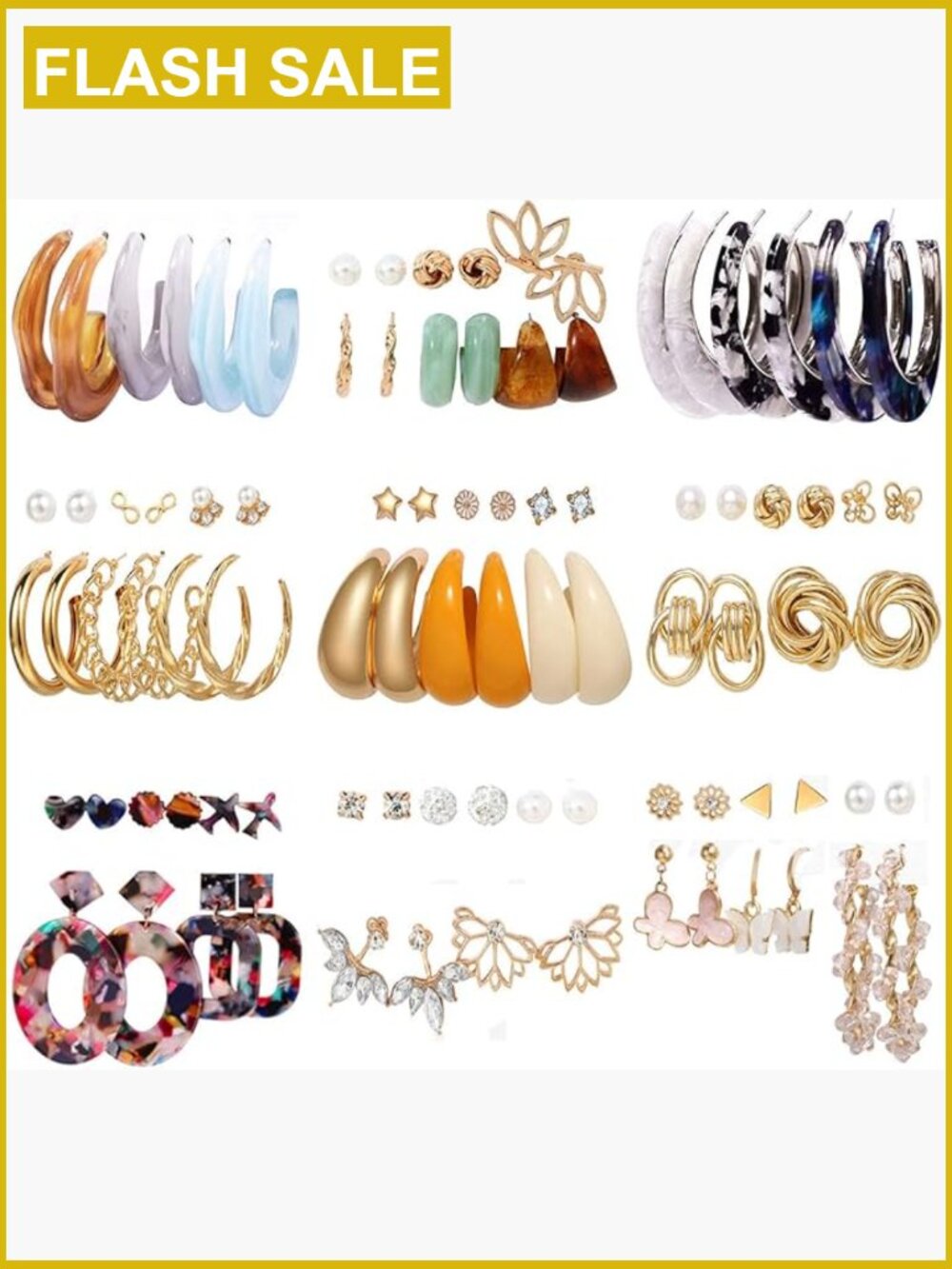 45 Pair Gold Earrings Set, Drop Dangle Vintage Hoop Pearl Studs